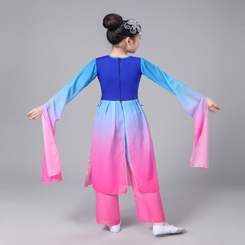 Girls chinese folk dance costumes pink royal blue fairy ancient traditional yangko classical photos anime cosplay hanfu costumes